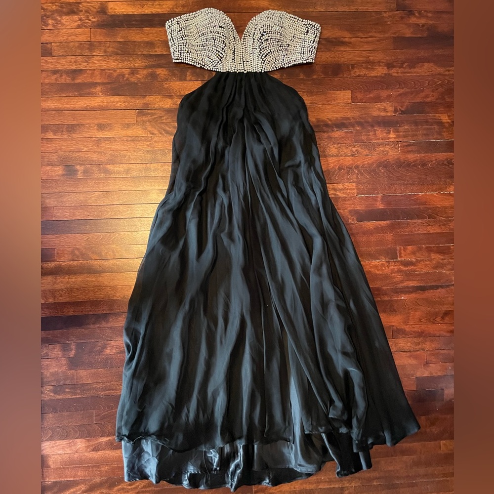 La Femme Silver Beads and Pearl Black Strapless Formal Dress, Prom,Dance,Wedding